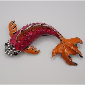 Koi Fish Brooch Pink Orange Enamel Rhinestones Japan Pond